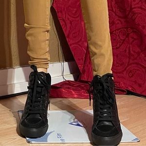 Aldo Womens Black Leather Heeled High Top Zip Lace Up Sneakers